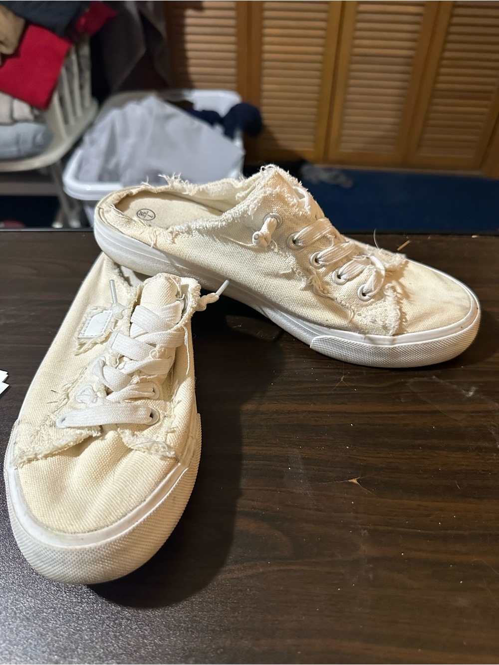 Casual Frayed Canvas Slip-On Sneakers in Cream